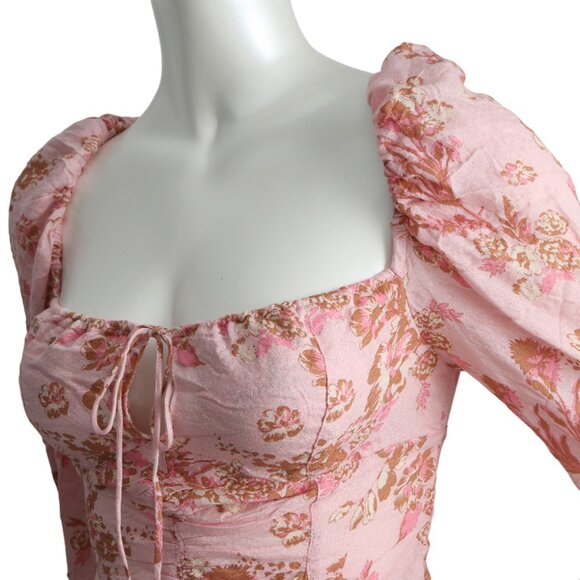 Free People Hilary Pink Floral Blouse Tie Neck Boho Prairie Top Keyhole Bust - Picture 9 of 11